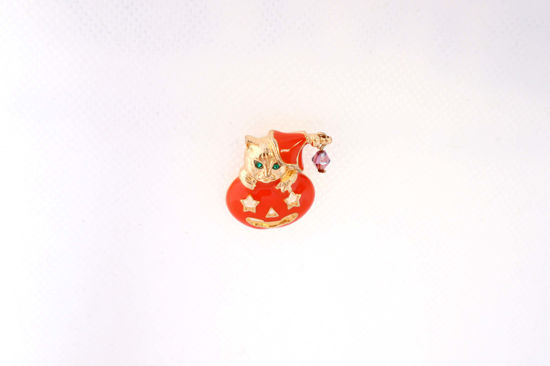 Picture of Red Pumpkin Brooch with Golden Cat | Rhinestone Lapel Pin | Halloween Brooch