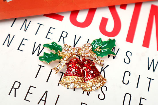 Picture of Christmas Pins & Brooches | Double Bells Christmas Brooch - Rhinestone Brooch