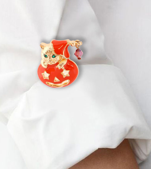 Picture of Red Pumpkin Brooch with Golden Cat | Rhinestone Lapel Pin | Halloween Brooch