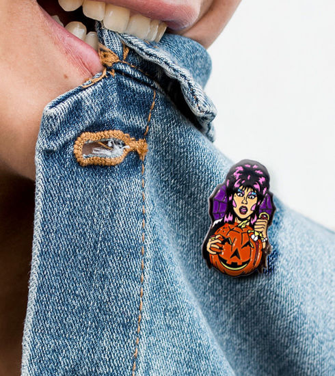 Picture of Witch Brooch | Scary Enamel Cartoon Witch with Pumpkin Lapel Pin | Halloween Brooch